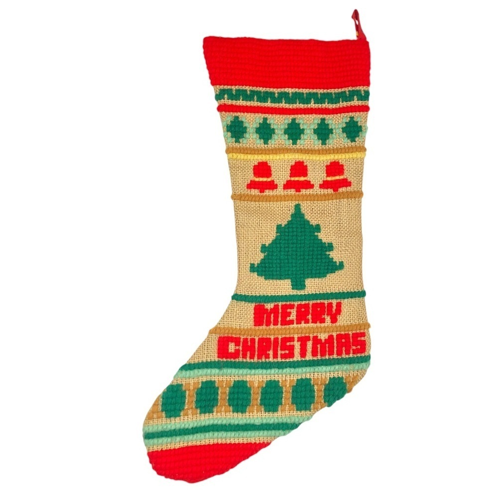 VINTAGE 70s 80s Handmade Merry Christmas Needlepoint Stocking Xmas Holiday